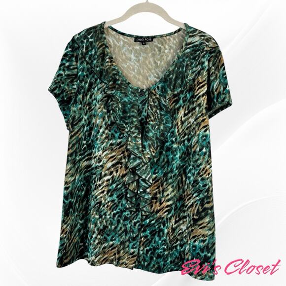 Carol Rose Tops - Carol Rose Top Blouse Turquoise Brown Black Ruffles Around Neck Down Front Sz XL